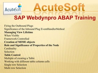 SAP Webdynpro ABAP Training
Firing the Outbound Plugs
Significance of the Inbound Plug EventHandlerMethod
Managing View Lifetime
When Visible
Framework Controlled
Creation of MIME objects
Role and Significance of Properties of the Node
Cardinality
Selection
Table Control
Multiple of creating a Table
Working with different table column cells
Single row Selection
Multi row Selection
 