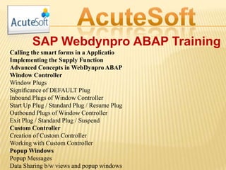 SAP Webdynpro ABAP Training
Calling the smart forms in a Applicatio
Implementing the Supply Function
Advanced Concepts in WebDynpro ABAP
Window Controller
Window Plugs
Significance of DEFAULT Plug
Inbound Plugs of Window Controller
Start Up Plug / Standard Plug / Resume Plug
Outbound Plugs of Window Controller
Exit Plug / Standard Plug / Suspend
Custom Controller
Creation of Custom Controller
Working with Custom Controller
Popup Windows
Popup Messages
Data Sharing b/w views and popup windows
 