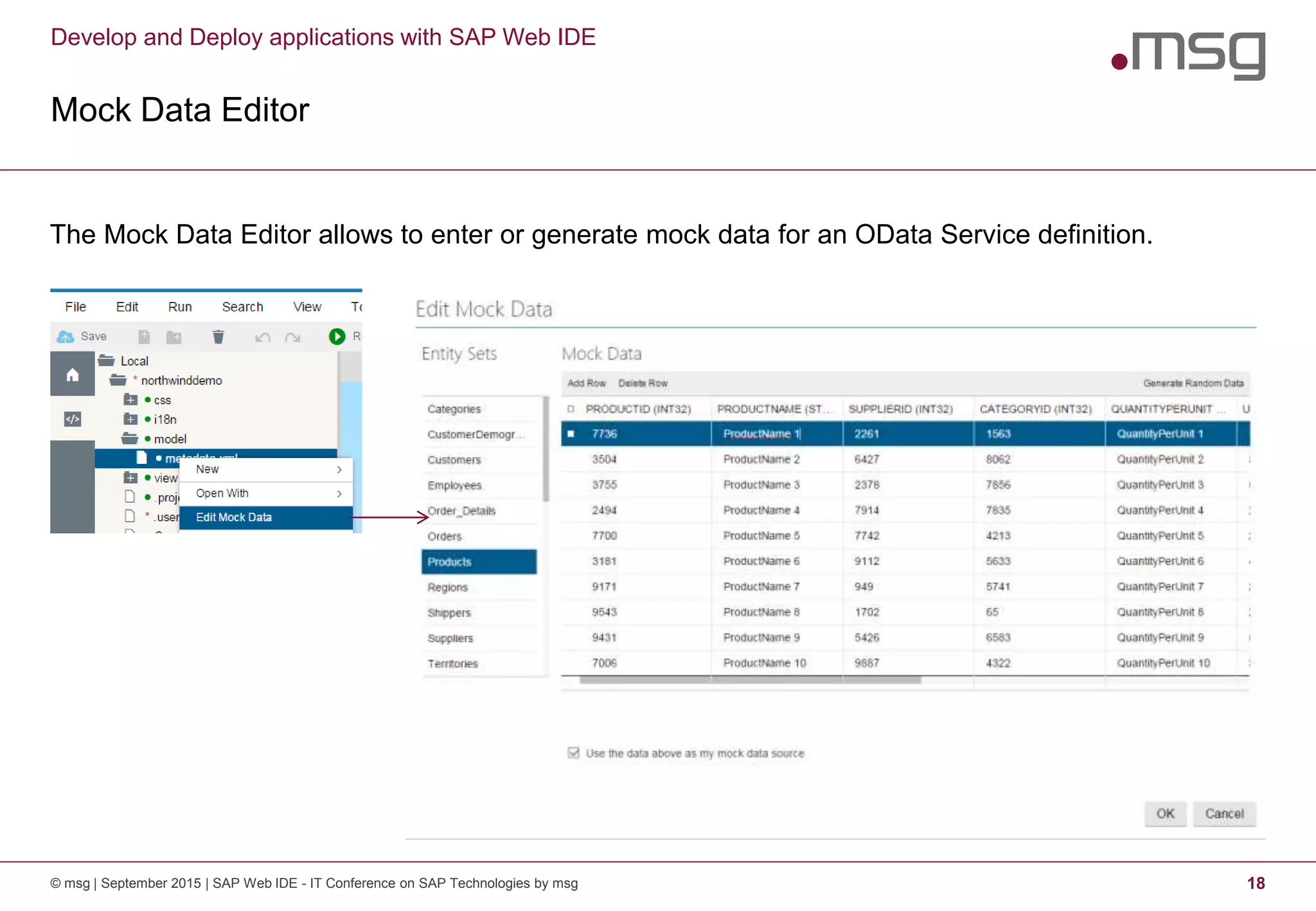 Develop and Deploy applications with SAP Web IDE
Mock Data Editor
© msg | September 2015 | SAP Web IDE - IT Conference on SAP Technologies by msg 18
The Mock Data Editor allows to enter or generate mock data for an OData Service definition.
 
