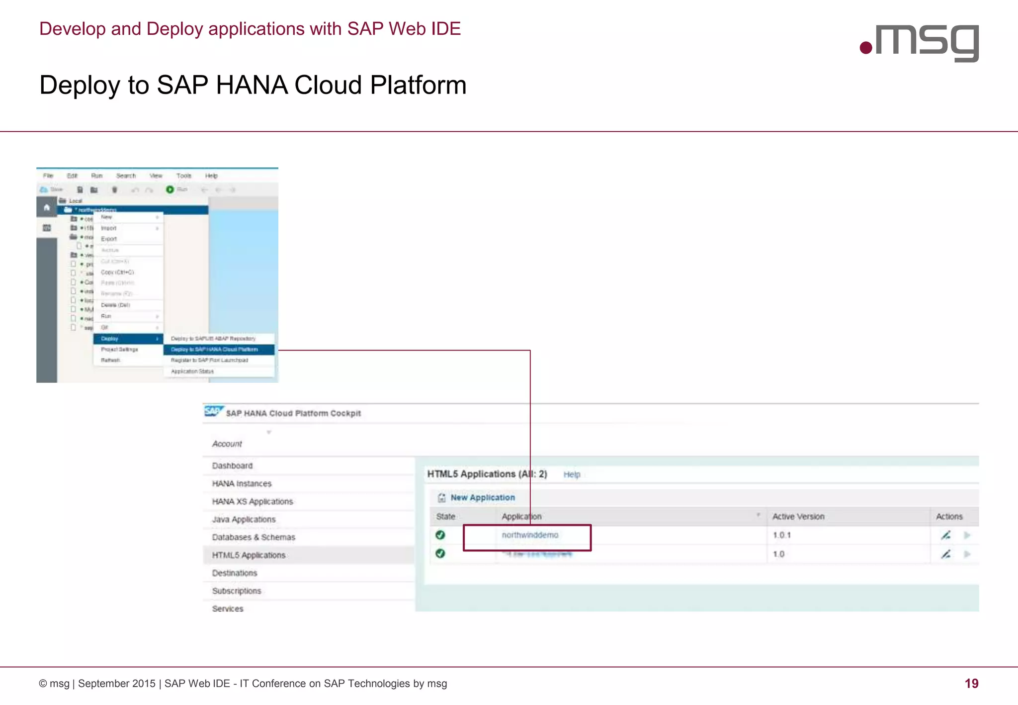 Develop and Deploy applications with SAP Web IDE
Deploy to SAP HANA Cloud Platform
© msg | September 2015 | SAP Web IDE - IT Conference on SAP Technologies by msg 19
 
