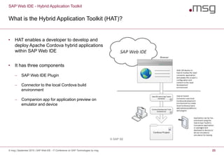 What is the Hybrid Application Toolkit (HAT)?
• HAT enables a developer to develop and
deploy Apache Cordova hybrid applications
within SAP Web IDE
• It has three components
 SAP Web IDE Plugin
 Connector to the local Cordova build
environment
 Companion app for application preview on
emulator and device
SAP Web IDE - Hybrid Application Toolkit
© msg | September 2015 | SAP Web IDE - IT Conference on SAP Technologies by msg 23
© SAP SE
 