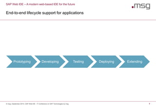 © msg | September 2015 | SAP Web IDE - IT Conference on SAP Technologies by msg 7
SAP Web IDE – A modern web-based IDE for the future
End-to-end lifecycle support for applications
Prototyping Developing Testing Deploying Extending
 