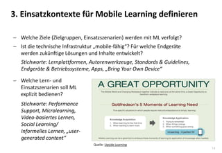 14
3. Einsatzkontexte für Mobile Learning definieren
 Welche Ziele (Zielgruppen, Einsatzszenarien) werden mit ML verfolgt?
 Ist die technische Infrastruktur „mobile-fähig“? Für welche Endgeräte
werden zukünftige Lösungen und Inhalte entwickelt?
Stichworte: Lernplattformen, Autorenwerkzeuge, Standards & Guidelines,
Endgeräte & Betriebssysteme, Apps, „Bring Your Own Device“
 Welche Lern- und
Einsatzszenarien soll ML
explizit bedienen?
Stichworte: Performance
Support, Microlearning,
Video-basiertes Lernen,
Social Learning/
Informelles Lernen, „user-
generated content“
Quelle: Upside Learning
 