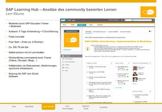 © 2014 SAP AG or an SAP affiliate company. All rights reserved. 38Customer
SAP Learning Hub – Ansätze des community basierten Lernen
Lern Räume
 Moderiert durch SAP Education Trainer
+ Moderator
 Aufwand: 5 Tage Vorbereitung + 5 Durchführung
 Feste Lernziele
 Fixer Start – Ende (ca. 8 Wochen)
 Ca. 200 TN als Ziel
 Selbst-studium mit LH Lerninhalten
 Wöchentliches Lernmaterial durch Trainer
(Videos, Übungen, Blogs…)
 Kollaboration via Diskussionen, Abstimmungen,
synchrone Infosessions
 Nutzung der SAP Jam Social
Software
Autoren
Tools
Lern
Technologie
AusblickIntro Lern InhalteÜberblick
 
