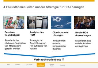 © 2014 SAP AG or an SAP affiliate company. All rights reserved. 45Customer
4 Fokusthemen leiten unsere Strategie für HR-Lösungen
Analytisches
HCM
Strategische
Ausrichtung von
HR auf Basis von
Fakten
Mobile HCM
Anwendungen
Mitarbeiten das
mobile Arbeiten
ermöglichen
Benutzer-
freundlichkeit
Standards der
nächsten Generation
von Mitarbeitern
gerecht werden
Cloud-basierte
Lösungen
Innovationen
einfach
konsumierbar
machen
Verbraucherorientierte IT
Autoren
Tools
AusblickIntro
Lern
Technologie
Überblick Lern Inhalte
 