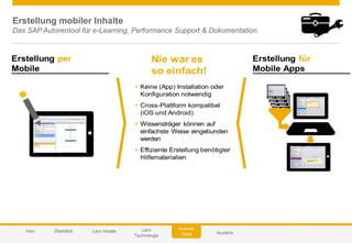 © 2014 SAP AG or an SAP affiliate company. All rights reserved. 58Customer
AusblickIntro
Autoren
Tools
Überblick Lern Inhalte Lern
Technologie
Erstellung mobiler Inhalte
Das SAP Autorentool für e-Learning, Performance Support & Dokumentation
 