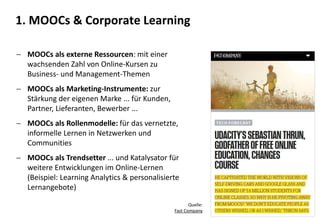 7
 MOOCs als externe Ressourcen: mit einer
wachsenden Zahl von Online-Kursen zu
Business- und Management-Themen
 MOOCs als Marketing-Instrumente: zur
Stärkung der eigenen Marke ... für Kunden,
Partner, Lieferanten, Bewerber ...
 MOOCs als Rollenmodelle: für das vernetzte,
informelle Lernen in Netzwerken und
Communities
 MOOCs als Trendsetter ... und Katalysator für
weitere Entwicklungen im Online-Lernen
(Beispiel: Learning Analytics & personalisierte
Lernangebote)
1. MOOCs & Corporate Learning
Quelle:
Fast Company
 