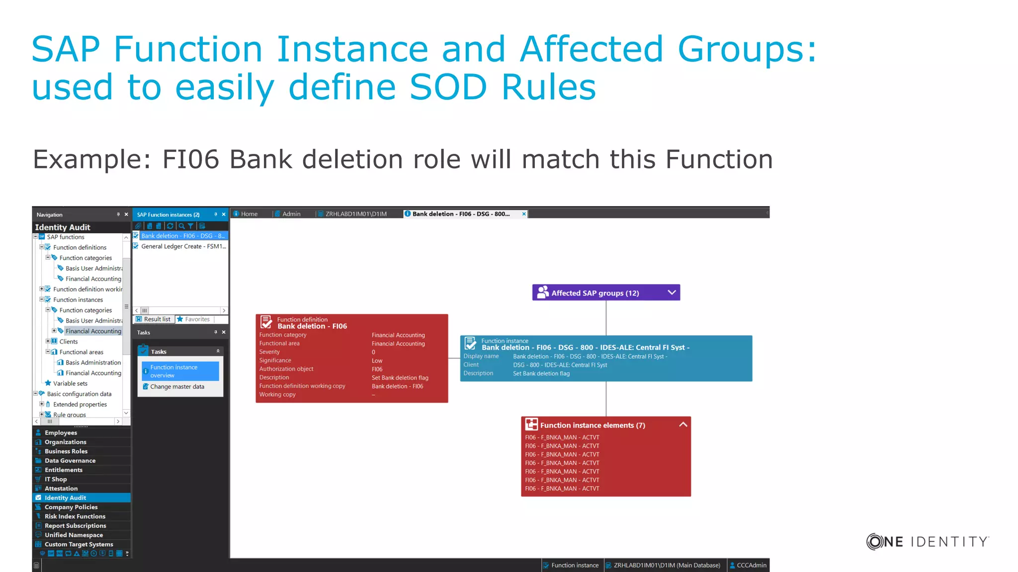One Identity - Restricted - Confidential21
SAP Function Instance and Affected Groups:
used to easily define SOD Rules
Example: FI06 Bank deletion role will match this Function
 