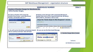SAP Warehouse Management – organization structure
WAREHOUSE NUMBER Slide 2
Creation of Number Ranges for Warehouse No:
Define Number Ranges,
04. Click on Position will receive the 05.below screen will open with customized Warehouse
Another Entry Screen , enter Warehouse Number then enter all the required details like, NR Quant,
Number, and double click on it NR TO, NR TR , and others, click on save .
6. You will receive the below customizing request 06. you can see the Data Saved Message
click on continue and Save. Data will Save
X – Number Ranges Were Created
Ravikumar
SAP MM/WM Senior Consultant
 
