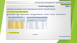 SAP Warehouse Management – organization structure
Transfer Requirement Slide 1
Customization and settings to Create Transfer Requirement with the T Code LB01: Manually
DEFINE PRINT CODE IN PRINT CONTROL
Menu Path: SPRO-----IMG-----Logistics Execution-----Warehouse Management-----Activities-----Transfers-----Define Print Control
4. 5. 6.
X – CONT IN NEXT SLIDE
RAVIKUMAR.
SAP MM SENIOR CONSULTANT
 