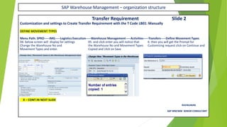 SAP Warehouse Management – organization structure
Transfer Requirement Slide 2
Customization and settings to Create Transfer Requirement with the T Code LB01: Manually
DEFINE MOVEMENT TYPES
Menu Path: SPRO-----IMG-----Logistics Execution-----Warehouse Management-----Activities-----Transfers-----Define Movement Types
04. below screen will display for settings 05. and click enter you will notice that 6. then you will get the Prompt for
Change the Warehouse No and the Warehouse No and Movement Types Customizing request click on Continue and
Movement Types and enter. Copied and click on Save
X – CONT IN NEXT SLIDE
RAVIKUMAR.
SAP MM/WM SENIOR CONSULTANT
 
