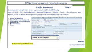 SAP Warehouse Management – organization structure
Transfer Requirement Slide 3
Customization and settings to Create Transfer Requirement with the T Code LB01: Manually
Menu Path: SPRO-----IMG-----Logistics Execution-----Warehouse Management-----Activities-----Transfers-----Define Movement Types
7. Finally , you will see that the Movement types are created and will receive the message as Data was Saved.
✓ Change the Warehouse
✓ Check the Movement type as 101
✓ Select Manual TR Creation allowed
✓ Shipment Type
✓ Requirement Type
✓ Others
RAVIKUMAR.
X – Movement Type for TR is Created
SAP MM SENIOR CONSULTANT
 