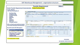 SAP Warehouse Management – organization structure
Transfer Requirement Slide 2
Create Transfer Requirement Automatically – Create Purchase Order
T Code: ME21N
03. Enter the Details of
✓ Purchase Org
✓ Company Code
✓ Purchase Group
✓ Vendor
✓ Material
✓ Plant
✓ Quantity
✓ Net Price
✓ Storage Location
Click on Check and Verify the details
are correct and Save the Document
You will receive the Message as
04.
X – Purchase Order Is Created
RAVIKUMAR.
SAP MM/WM SENIOR CONSULTANT
 