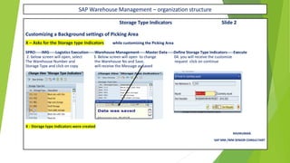 SAP Warehouse Management – organization structure
Storage Type Indicators Slide 2
Customizing a Background settings of Picking Area
X – Asks for the Storage type Indicators while customizing the Picking Area
SPRO-----IMG-----Logistics Execution-----Warehouse Management-----Master Data-----Define Storage Type Indicators-----Execute
2. below screen will open, select 3. Below screen will open to change 04. you will receive the customize
The Warehouse Number and the Warehouse No and Save, request click on continue
Storage Type and click on copy will receive the Message as Saved
X - Storage type Indicators were created
RAVIKUMAR.
SAP MM /WM SENIOR CONSULTANT
 