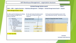 SAP Warehouse Management – organization structure
Activate Storage Section search Slide 1
SPRO-----IMG-----Logistics Execution-----Warehouse Management-----Strategies-----Activate Storage Section Search-----Execute
Active Storage Section Search
01. Menu path for Background settings 02. You will receive the below screen 03. You will receive the below screen in this
Click on Activate storage Section in this click on Determine search select Warehouse No 001, and click on Copy
Search or Execute sequence
X – Cntd. Next Slide
RAVIKUMAR.
SAP MM/WM SENIOR CONSULTANT
 