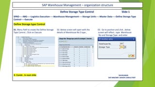SAP Warehouse Management – organization structure
Define Storage Type Control Slide 1
SPRO-----IMG-----Logistics Execution-----Warehouse Management-----Storage Units-----Master Data-----Define Storage Type
Control-----Execute
Define Storage type Control
01. Menu Path to create the Define Storage 02. Below screen will open with the 03. Go to position and click , below
Type Control , Click on Execute details of Warehouse No S type , screen will reflect , type Warehouse
No and Storage Type and enter
X- Contd.. In next slide RAVIKUMAR.
SAP MM/WM SENIOR CONSULTANT
 