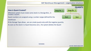 SAP Warehouse Management – organization structure
QUANTS
How is Quant Created?
Whenever system must create some stock in a Storage Bins , it
Creates a Quant.
Quant numbers are assigned using a number ranges defined for the
warehouse
If the Storage Type allows , we can create quants also with the negative quantity
As soon as the stock in a Quant becomes zero , the system deletes the Quant
RAVIKUMAR.
SAP MM SENIOR CONSULTANT
Storage Bin - 1 Storage Bin - 2
Quant Quant
 