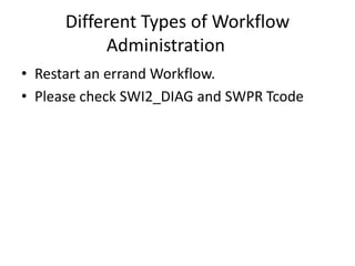 Different Types of Workflow
Administration
• Restart an errand Workflow.
• Please check SWI2_DIAG and SWPR Tcode
 