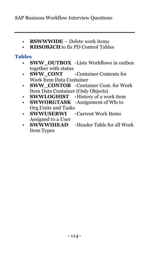 SAP Business Workflow Interview Questions
- 114 -
• RSWWWIDE – Delete work items
• RHSOBJCH to fix PD Control Tables
Tables
• SWW_OUTBOX -Lists Workflows in outbox
together with status
• SWW_CONT -Container Contents for
Work Item Data Container
• SWW_CONTOB -Container Cont. for Work
Item Data Container (Only Objects)
• SWWLOGHIST -History of a work item
• SWWORGTASK -Assignment of WIs to
Org.Units and Tasks
• SWWUSERWI -Current Work Items
Assigned to a User
• SWWWIHEAD -Header Table for all Work
Item Types
 