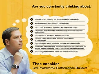 8© 2015 SAP SE or an SAP affiliate company. All rights reserved.
Are you constantly thinking about:
Then consider
SAP Workforce Performance Builder!
Supporting microlearning inside and outside of the office?
The need to cut training and related infrastructure costs?
Employee skills and regulatory compliance?
Support for formal and informal + social learning needs?
Leveraging user-generated content without additional authoring
tool trainings?
The need to cut help-desk and process costs?
Creating single-source help materials for the entire
IT landscape?
Up-to-date processes, trainings, and test documentation?
Whetherthe entire workforce, even those without their own workstations, can
accessrelevant knowledge in the moment of needvia mobile devices?
 