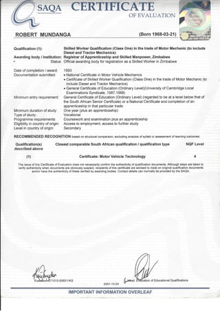 Saqa certificate of evaluation