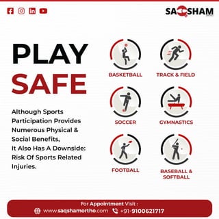 Although Sports
Participation Provides
Numerous Physical &
Social Beneﬁts,
It Also Has A Downside:
Risk Of Sports Related
Injuries.
PLAY
SAFE
FOOTBALL BASEBALL &
SOFTBALL
BASKETBALL TRACK & FIELD
GYMNASTICS
SOCCER
 