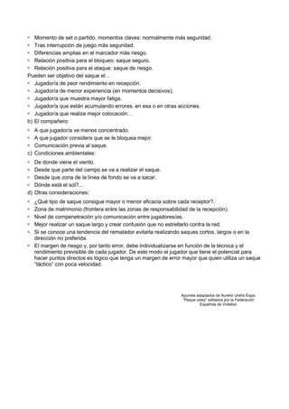 Momento de set o partido, momentos claves: normalmente más seguridad.
   Tras interrupción de juego más seguridad.
   Diferencias amplias en el marcador más riesgo.
   Relación positiva para el bloqueo: saque seguro.
   Relación positiva para el ataque: saque de riesgo.
Pueden ser objetivo del saque el…
   Jugador/a de peor rendimiento en recepción.
   Jugador/a de menor experiencia (en momentos decisivos).
   Jugador/a que muestra mayor fatiga.
   Jugador/a que están acumulando errores, en esa o en otras acciones.
   Jugador/a que realiza mejor colocación…
b) El compañero:
   A que jugador/a ve menos concentrado.
   A que jugador considera que se le bloquea mejor.
   Comunicación previa al saque.
c) Condiciones ambientales:
   De donde viene el viento.
   Desde que parte del campo se va a realizar el saque.
   Desde que zona de la línea de fondo se va a sacar.
   Dónde está el sol?...
d) Otras consideraciones:
  ¿Qué tipo de saque consigue mayor o menor eficacia sobre cada receptor?.
  Zona de matrimonio (frontera entre las zonas de responsabilidad de la recepción).
  Nivel de compenetración y/o comunicación entre jugadores/as.
  Mejor realizar un saque largo y crear confusión que no estrellarlo contra la red.
  Si se conoce una tendencia del rematador evitarla realizando saques cortos, largos o en la
  dirección no preferida.
  El margen de riesgo y, por tanto error, debe individualizarse en función de la técnica y el
  rendimiento previsible de cada jugador. De este modo el jugador que tiene el potencial para
  hacer puntos directos es lógico que tenga un margen de error mayor que quien utiliza un saque
  “táctico” con poca velocidad.




                                                              Apuntes adaptados de Aurelio Ureña Espa.
                                                               “Peque voley” editados por la Federación
                                                                        Española de Voleibol.
 