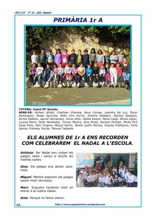 2011/12   nº 12 Síííí,,Neeeu!!


                                 PRIMÀRIA 1r A




  TUTORA: Joana Mª Sureda
  NINS-ES: Hicham Afrigh, Cristhian Chamba, Neus Comas, Leandra Da Luz, Óscar
  Dominguez, Ekaitz Egurrola, Rafel Toni Ferriol, Antònia Gelabert, Martina Gelabert,
  Archie Hebdon, Jaume Hernández, Silvia Jofre, Hafida Kasshi, Maria Lladó, Mireia López,
  Lorena Marin, Sofia Menéndez, Tomeu Mestre, Aina Mulet, Hanane Oufrigh, Marta Picó
  Sergi Pons, Marc Puigros, Miquel Ramis, Noelia Judith Ramos, Claudia Rodríguez, Carla
  Sanna, Francesc Socias, Manuel Taboada.


        ELS ALUMNES DE 1r A ENS RECORDEN
      COM CELEBRAREM EL NADAL A L'ESCOLA.
   Antònia: Per Nadal ens visiten els
   patges reials i venen a recollir les
   nostres cartes.

   Aina: Els patges ens donen cara-
   mels.

   Miquel: Mentre esperam els patges
   estam molt nerviosos.

   Marc: Enguany tardaren molt en
   entrar a la nostra classe.

   Aina: Perquè no feiem silenci.

12.                              http://www.cpsaquintana.wordpress.com
 