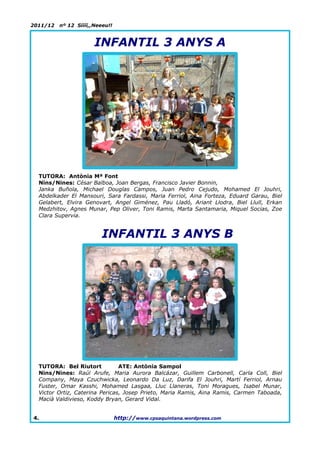 2011/12   nº 12 Síííí,,Neeeu!!


                       INFANTIL 3 ANYS A




  TUTORA: Antònia Mª Font
  Nins/Nines: César Balboa, Joan Bergas, Francisco Javier Bonnin,
  Janka Buñola, Michael Douglas Campos, Juan Pedro Cejudo, Mohamed El Jouhri,
  Abdelkader El Mansouri, Sara Fardassi, Maria Ferriol, Aina Forteza, Eduard Garau, Biel
  Gelabert, Elvira Genovart, Angel Giménez, Pau Lladó, Ariant Llodra, Biel Llull, Erkan
  Medzhitov, Agnes Munar, Pep Oliver, Toni Ramis, Marta Santamaria, Miquel Socias, Zoe
  Clara Supervia.


                          INFANTIL 3 ANYS B




  TUTORA: Bel Riutort           ATE: Antònia Sampol
  Nins/Nines: Raúl Arufe, Maria Aurora Balcázar, Guillem Carbonell, Carla Coll, Biel
  Company, Maya Czuchwicka, Leonardo Da Luz, Darifa El Jouhri, Martí Ferriol, Arnau
  Fuster, Omar Kasshi, Mohamed Lasgaa, Lluc Llaneras, Toni Moragues, Isabel Munar,
  Victor Ortiz, Caterina Pericas, Josep Prieto, Maria Ramis, Aina Ramis, Carmen Taboada,
  Macià Valdivieso, Koddy Bryan, Gerard Vidal.


4.                               http://www.cpsaquintana.wordpress.com
 