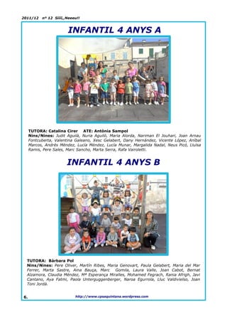 2011/12    nº 12 Síííí,,Neeeu!!


                        INFANTIL 4 ANYS A




     TUTORA: Catalina Cirer ATE: Antònia Sampol
     Nins/Nines: Judit Aguilà, Nuria Aguiló, Maria Alorda, Nariman El Jouhari, Joan Arnau
     Fontcuberta, Valentina Galeano, Xesc Gelabert, Dany Hernández, Vicente López, Aníbal
     Marcos, Andrés Méndez, Lucía Méndez, Lucía Munar, Margalida Nadal, Neus Picó, Lluïsa
     Ramis, Pere Sales, Marc Sancho, Marta Serra, Rafa Vairoletti.


                        INFANTIL 4 ANYS B




  TUTORA: Bàrbara Pol
  Nins/Nines: Pere Oliver, Martín Ribes, Maria Genovart, Paula Gelabert, Maria del Mar
  Ferrer, Marta Sastre, Aina Bauça, Marc     Gomila, Laura Valle, Joan Cabot, Bernat
  Alzamora, Claudia Méndez, Mª Esperança Miralles, Mohamed Fegrach, Rania Afrigh, Javi
  Cantano, Aya Fatmi, Paola Unterguggenberger, Naroa Egurrola, Lluc Valdivielso, Joan
  Toni Jordà.


6.                          http://www.cpsaquintana.wordpress.com
 