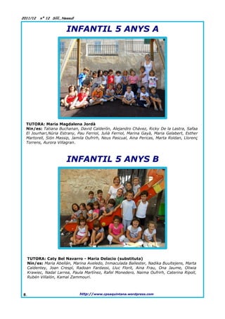 2011/12   nº 12 Síííí,,Neeeu!!


                         INFANTIL 5 ANYS A




  TUTORA: Maria Magdalena Jordà
  Nin/es: Tatiana Buchanan, David Calderón, Alejandro Chávez, Ricky De la Lastra, Safaa
  El Jourhari,Núria Estrany, Pau Ferriol, Julià Ferriol, Marina Gayà, Maria Gelabert, Esther
  Martorell, Sión Massip, Jamila Oufrirh, Neus Pascual, Aina Pericas, Marta Roldan, Llorenç
  Torrens, Aurora Villagran.



                         INFANTIL 5 ANYS B




  TUTORA: Caty Bel Navarro - Maria Delacio (substituta)
  Nin/es: Maria Abellán, Marina Aveledo, Inmaculada Ballester, Nadika Buultejens, Marta
  Caldentey, Joan Crespí, Radoan Fardassi, Lluc Florit, Aina Frau, Ona Jaume, Oliwia
  Krawiec, Nadal Larrea, Paula Martínez, Rafel Monedero, Naima Oufrirh, Caterina Ripoll,
  Rubén Villalón, Kamal Zammouri.



8.                               http://www.cpsaquintana.wordpress.com
 