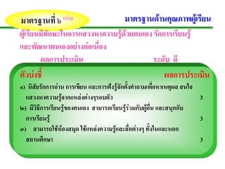 มาตรฐานที่ ๖ (เกง)                      มาตรฐานดานคุณภาพผูเรียน
ผูเรียนมีทักษะในการแสวงหาความรูดวยตนเอง รักการเรียนรู
และพัฒนาตนเองอยางตอเนื่อง
        ผลการประเมิน                       ระดับ ดี
ตัวบงชี้                                                ผลการประเมน
                                                                   ิ
๑) นิสัยรักการอาน การเขียน และการฟงรูจักตั้งคําถามเพื่อหาเหตุผล สนใจ
  แสวงหาความรูจากแหลงตางๆรอบตัว
                                                                       3
๒) มีวิธีการเรียนรูของตนเอง สามารถเรียนรูรวมกับผูอื่น และสนุกกับ
  การเรยนรู
        ี                                                               3
๓) สามารถใชหองสมุด ใชแหลงความรูและสื่อตางๆ ทั้งในและนอก
  สถานศึกษา                                                             3
 