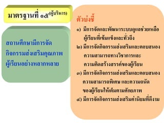 มาตรฐานท่ี ๑๕(ผูบริหาร) ตัวบงชี้
                           ๑) มีการจัดและพัฒนาระบบดูแลชวยเหลือ
                              ผูเรียนที่เขมแข็งและทั่วถึง
สถานศึกษามีการจัด          ๒) มีการจัดกิจกรรมสงเสริมและตอบสนอง
กิจกรรมสงเสริมคุณภาพ         ความสามารถทางวิชาการและ
ผูเรียนอยางหลากหลาย         ความคิดสรางสรรคของผูเ รียน
                           ๓) มีการจัดกิจกรรมสงเสริมและตอบสนอง
                              ความสามารถพิเศษ และความถนัด
                              ของผูเรียนใหเต็มตามศักยภาพ
                           ๔) มีการจัดกิจกรรมสงเสริมคานิยมที่ดีงาม
 