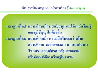 ดานการพัฒนาชุมชนแหงการเรียนรู (๒ มาตรฐาน)


มาตรฐานท่ี ๑๗ สถานศึกษามีการสนับสนุนและใชแหลงเรียนรู
              และภูมิปญญาในทองถิ่น
มาตรฐานท่ี ๑๘ สถานศึกษามีการรวมมือกันระหวางบาน
              สถานศึกษา องคกรทางศาสนา สถาบันทาง
              วิชาการ และองคกรภาครัฐและเอกชน
              เพื่อพัฒนาวิถีการเรียนรูในชุมชน
 