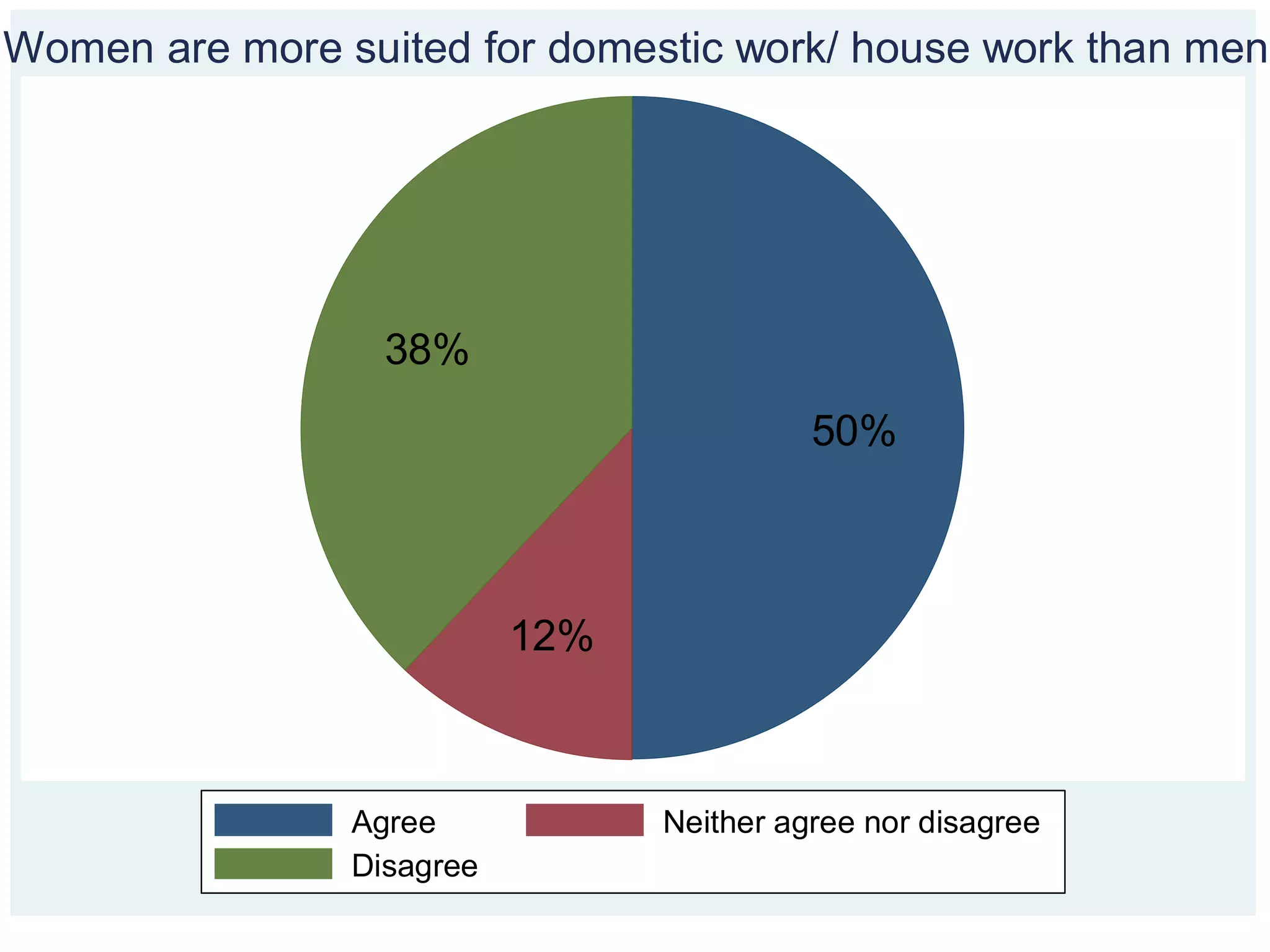 50%
12%
38%
Agree Neither agree nor disagree
Disagree
Women are more suited for domestic work/ house work than men
 