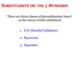 SUBSTITUENTS ON THE γ NITROGEN

  There are three classes of phenothiazines based
         on the nature of this substituent


           1. N,N-Dimethyl (aliphatic)

           2. Piperazine

           3. Piperidine
 