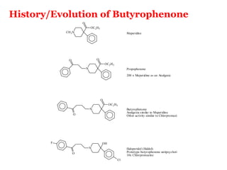 History/Evolution of Butyrophenone
                     O
                             OC2 H5
           CH 3 N                                       Meperidine




             O                   O
                                          OC2 H5
                         N                              Propophenone

                                                        200 x Meperidine as an Analgesic




                                      O
                                            OC2 H5
                             N                          Butyrophenone
                                                        Analgesia s imilar to Meperidine
                 O                                      Other activity similar to Chlorpromazine




       F                              OH
                             N                          Haloperidol (Haldol)
                 O                                      Prototype butyrophenone antipsychotic
                                                        10x Chlorpromazine
                                                   Cl
 