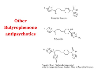 O
                    F
                                                  N             NH
                                                         N
                                    O

                             Drope ridol (Inapsine)

    Other
Butyrophenone      F                                   OH
                                                  N

antipsychotics                      O

                                                                     CF3
                                 Triflupe ridol




                                                         O
                   F            H
                                              N         N       NH




                                        F
                 Pimozid e (Orap) "diphenylbu tylpiperidine"
                 similar to haloperidol, longer duration. Used for Tou rette's Syndrome.
 