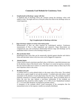 Annex 2.2
WATER RESOURCESA2.1-3
Commonly Used Methods for Consistency Tests
1. Graphical plot of discharge / gauge with time
A graphical plot of discharge shows the variation among the discharge values with
respect to time. The highs and lows of the plot reflect the trend in the discharge series on
visual inspection.
Fig.1 Graphical plot of discharge with time
2. Stage discharge relation at various observation points
Measurements of flow are often required for hydrological analysis. Continuous
measurement of flow is often impractical and expensive. Stage observations are
comparatively easy and economical. Relationship between stage and discharge can be
established which is known as the discharge rating curve.
3. Plot of absolute limits
Hydrological time series data can be numerically checked against absolute and relative
limits and individual values in the time series can be flagged for inspection.
4. Absolute limits:
Values which exceed a maximum specified value or fall below a specified minimum may
be the absolute values of the historic series. The object is to screen out spurious extremes,
but care must be taken not to remove or correct true extreme values as these may be the
most important values in the series.
5. Residual series plot
A residual series is a series plotted relative to the mean value of the series. The residual
series gives a quick insight in wet and dry periods. A residual series plot allows visual
assessment of the distance of each observation from the mean. The residuals should be
randomly scattered in a constant width band about the mean. Runs of residuals above or
below the zero line may indicate a non-linear relationship. If the residuals are
standardized they should lie within roughly ±2 to 3 SDs of zero. Standardized residuals
of +/- 4 or more SDs should be investigated as possible outliers.
A histogram of the residuals allows visual assessment of the assumption that the
measurement errors in the response variable are normally distributed.
 