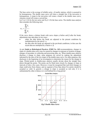 Annex 2.2
WATER RESOURCESA2.1-6
The base series is the average of reliable series of nearby stations, which is assumed to
be homogeneous. The double mass curve will show a straight line if the test-series is
homogeneous. A jump in the test-series will create a break in the double mass curve,
whereas a trend will create a curved line.
Let Yi,(i=1,N) be the test series and Xi,(i=1,N) the base series. The double mass analysis
then considers the following ratio:
∑
∑
=
=
= i
j
j
i
j
j
i
X
Y
rc
1
1
If the curve shows a distinct break with curve slopes α before and β after the break,
adjustments may take place in two ways:
• either the data before the break are adjusted to the present conditions by
multiplication by the ratio β / α
• the data after the break are adjusted to the pre-break conditions; in that case the
recent data are multiplied by a factor α / β
As per Guide to Hydrological Practices, WMO No. 168 recommendations, changes in
slope of a double-mass curve may be caused by changes in exposure or location of gauge,
changes of procedure in collecting and processing data, etc. When double-mass analysis
discloses a change in slope, some purposes are served by making the adjustment
indicated by the ratio of the two slopes of the double mass curve. For other purposes, this
disclosure is the beginning of an investigation to determine the reason for the change in
slope. Plotted points in double-mass analysis usually deviate about the straight lines
drawn through the points. The points can be fitted more closely by changes in slope at
intervals of only a few years. However, it must be recognized that such brief changes in
slope could arise from chance, and no segment of less than about five points should be
accepted as valid. In general, a change in slope is accepted as real only if it is
substantiated by other evidence or is well defined for a long period
Fig.5 Double Mass Curve
 