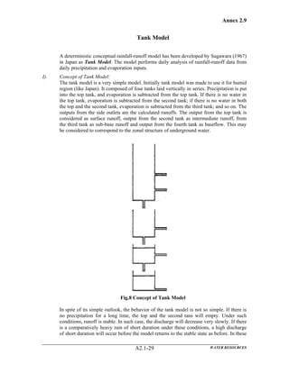 Annex 2.9
WATER RESOURCESA2.1-29
Tank Model
A deterministic conceptual rainfall-runoff model has been developed by Sugawara (1967)
in Japan as Tank Model. The model performs daily analysis of rainfall-runoff data from
daily precipitation and evaporation inputs.
I). Concept of Tank Model:
The tank model is a very simple model. Initially tank model was made to use it for humid
region (like Japan). It composed of four tanks laid vertically in series. Precipitation is put
into the top tank, and evaporation is subtracted from the top tank. If there is no water in
the top tank, evaporation is subtracted from the second tank; if there is no water in both
the top and the second tank, evaporation is subtracted from the third tank; and so on. The
outputs from the side outlets are the calculated runoffs. The output from the top tank is
considered as surface runoff, output from the second tank as intermediate runoff, from
the third tank as sub-base runoff and output from the fourth tank as baseflow. This may
be considered to correspond to the zonal structure of underground water.
Fig.8 Concept of Tank Model
In spite of its simple outlook, the behavior of the tank model is not so simple. If there is
no precipitation for a long time, the top and the second tans will empty. Under such
conditions, runoff is stable. In such case, the discharge will decrease very slowly. If there
is a comparatively heavy rain of short duration under these conditions, a high discharge
of short duration will occur before the model returns to the stable state as before. In these
 