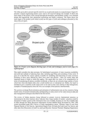 Project: Development of Hydrological Design Aids (Surface Water) under HP-II
Document: 2009097/WR/REP-02 July 2010
State of the Art Report Revision: R0
ES - vii WATER RESOURCES
The tables given above present specific tools for use at particular points in a typical project. Figure 0.1
presents a typical engineering project cycle, such as for reservoir design, for example. It shows the
main stages of the project, from concept through pre-feasibility and feasibility studies, on to detailed
design and engineering, then operational monitoring and finally evaluation. The figure shows the
main stages of the project cycle which would use the types of tools and techniques presented in this
state of the art report.
Figure 0.1 Project cycle diagram showing types of tools and techniques used at each stage of a
typical project
This report considers the data necessary for hydrological assessment of water resources availability
and yield and methods of adjusting these data, including gap-filling and extending of time series. It
goes on to describe the various options available for modelling and forecasting of water resources
including in those areas affected by flows from snow and glaciers – there are clearly large and
important basins in India to which this applies. The report does not claim to be comprehensive in
terms of considering all options available worldwide, as there are an extremely large number of tools
which have been developed while only a small number are in widespread use. Rather, the report is
intended to give a summary of the major tools in use and in some cases relating to data management,
examples of standard practice from the UK as an example of best practice internationally.
The sections on design flood estimation and estimation of sedimentation rate are less extensive, being
smaller areas of research internationally and depending to some extent on the water resources data and
data management techniques described in the first section.
The review of Indian practices being followed at present vis-à-vis International practices as
summarised in the three matrices above indicates that a large number of models / practices could be
attempted in Indian scenario if the information base was available. Keeping in view the available data
in India through the Water Resources Information System (WRIS) being developed by CWC, HIS
system developed under HP-I, Survey of India topographical sheets, Thematic maps of soils from
National Bureau of Soil Survey, Agricultural Report from All India Soil and Land Use Survey and
other data from Directorate of Land Use and Land Records, National Thematic Mapping Organisation
 