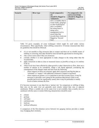Project: Development of Hydrological Design Aids (Surface Water) under HP-II
Document: 2009097/WR/REP-02 July 2010
State of the Art Report Revision: R0
3-19 WATER RESOURCES
Scenario River type Good comparative
site
(should be flagged as
‘estimated’)
No comparative site
and no knowledge
(should be flagged as
‘suspect’)
info is available (that is
wrack marks, gaugings
or other hydrological
info is available).
Set rating limits in
rating curve
management tool to
ensure data that
exceeds these limits are
flagged as ‘beyond
limit’.
Table 3.6 gives examples of some techniques which might be used under various
circumstances. More specifically, when infilling consecutive 15-minute measured data there
are guidelines that should be followed:
• if it is not sensible to flag erroneous data as suspect and there are no reliable means of
infilling or correcting, then data should be removed and the gap treated as missing data;
• only correct source data if they are erroneous;
• consider whether it is more appropriate to make changes to the rating rather than the
recorded data;
• apply corrections to data as close to measured source as possible as long as it is realistic
to do so;
• where levels have been affected by plant growth or other obstruction to flow, there are a
number of options to be considered. Adopt a risk based approach, considering the
consequences of the changes made and elect from the following:
− where impacts on flows are minimal, apply drift correction and flag the data as
‘estimated’ or ‘suspect’ with additional comments if impact is increased.
− where impacts are greater, or it is important to provide accurate flows, it may be
necessary to develop a new rating for the erroneous data period. If this is not
possible and levels are significantly raised, then it may be preferable to modify
levels to better estimate the flow.
If it becomes necessary to use data from a ‘partner site’ for comparison or infilling of data,
then sites on the same river are generally more closely related than sites in adjacent
catchments. Where a suitable site on the same river is not available, then a nearby site in a
catchment with the same or similar following characteristics should be used:
• climate
• geology
• soil types
• catchment area
• land-use
• artificial influences
A comparison of the flow-duration curves between two gauging stations provides a simple
way of judging their similarity.
 