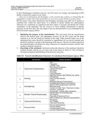 Project: Development of Hydrological Design Aids (Surface Water) under HP-II
Document: 2009097/WR/REP-02 July 2010
State of the Art Report Revision: R0
3-33 WATER RESOURCES
In their Hydrological Yearbooks however, the UK Centre for Ecology and Hydrology (CEH)
defines a natural flow regime as one where:
“….there are no abstractions and discharges, or the variation due to them is so limited that the
gauged flow is within 10% of the natural flow at, or in excess of, the 95%ile exceedence flow"
But this raises issues about abstractions and discharges cancelling each other out to produce a
combined flow within the stated limits. It is difficult to decide whether the anthropogenic
influences on a catchment are significant until their impact is assessed, and thereby the current
‘naturalness’ of the catchment. The key action is to assess whether naturalisation is actually
necessary for the flow data. The main stages in this are described below as recommended by the
UK Environment Agency (2001):
1. Identifying the purpose of the naturalisation. This will ensure that the naturalisation
achieves the desired goals. The appropriate accuracy for the flow series and the detail
required in its end use should be clarified at this stage. Other possible future uses of the
naturalised flow series should be considered or opportunities for use and all intended uses
should be clarified in writing at the beginning of the process. The level of detail required in
the naturalised data will dictate how many influences are included in analysis and how data
synthesis should be carried out.
2. Knowledge of the catchment. Information about the character of the catchment should be
collated, possibly with the use of a form such as that shown in Table 3.8. This will help to
develop a conceptual understanding of the processes occurring.
Table 3.8 Form for identification of character of a catchment (Environment Agency, 2001)
 