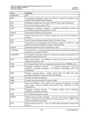 Project: Development of Hydrological Design Aids (Surface Water) under HP-II
Document: 2009097/WR/REP-02 July 2010
State of the Art Report Revision: R0
3-82 WATER RESOURCES
Term Definition
Distribution data
HBV A catchment hydrological model for continuous simulation developed at the
Swedish Hydro-Meteorological Institute
HEC Hydrologic Engineering Center, part of the US Army Corps of Engineers
hm3
Unit of stored volume equal to 106
m3
HSPF Hydrological Simulation Program a catchment hydrological model for
continuous simulation developed at the USGS
ICOLD International Committee on Large Dams
IDF Inflow design flood, the US safety standard flow for the dam according to
category
IPCC United Nations Inter-governmental Panel on Climate Change
IUH Instantaneous Unit Hydrograph, the theoretical response of a basin to a unit
depth of precipitation falling in an instant, used in the FEH
Kurtosis Standardised fourth moment of distribution or data
L-Moments Linear moments - a statistical method used to determine distribution parameters
from data as a variation of PWM
LISFLOOD A catchment hydrological model for continuous simulation developed by the
European Joint Research Centre
MAF Mean Annual Flood – the arithmetic average of the annual maximum flood
discharge measured at a site.
NWS US National Weather Service, originating institution for the DAMBRK model
PDM Probability Distributed Moisture – a catchment hydrological model for
continuous simulation developed at the Institute of Hydrology (now CEH
Wallingford)
PMF Probable maximum flood – usually derived from the PMP with other
assumptions designed to maximise the flood discharge
PMP Probable maximum precipitation
PMR Probable maximum rainfall (US usage for PMP)
POT Peaks over threshold – a flow statistic, the occurrence of a peak flow (or level)
that exceeds a specific threshold (with possibly other constraints to ensure
independence)
PWM Probability weighted moments – a statistical method used to determine
distribution parameters from data
QDF Flow-Duration-Frequency method
QMED Median annual maximum discharge – the value of the annual maximum flow
which is exceeded (or not exceeded) on average one year in two. QMED is the
Index Flood used in UK practice
SCS Soil Conservation Service – now the USDA Natural Resources Conservation
Service
 