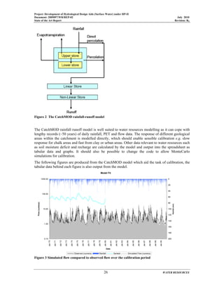 Project: Development of Hydrological Design Aids (Surface Water) under HP-II
Document: 2009097/WR/REP-02 July 2010
State of the Art Report Revision: R0
26 WATER RESOURCES
Figure 2 The CatchMOD rainfall-runoff model
The CatchMOD rainfall runoff model is well suited to water resources modelling as it can cope with
lengthy records (~50 years) of daily rainfall, PET and flow data. The response of different geological
areas within the catchment is modelled directly, which should enable sensible calibration e.g. slow
response for chalk areas and fast from clay or urban areas. Other data relevant to water resources such
as soil moisture deficit and recharge are calculated by the model and output into the spreadsheet as
tabular data and graphs. It should also be possible to change the code to allow MonteCarlo
simulations for calibration.
The following figures are produced from the CatchMOD model which aid the task of calibration, the
tabular data behind each figure is also output from the model.
Model Fit
0.10
1.00
10.00
100.00
1000.00
Jan70
Jan71
Jan72
Jan73
Jan74
Jan75
Jan76
Jan77
Jan78
Jan79
Jan80
Jan81
Jan82
Jan83
Jan84
Jan85
Jan86
Jan87
Jan88
Jan89
Jan90
Date
Flow(cumecs)
0
20
40
60
80
100
120
140
160
180
200
Rainfall(mm)
Observed (cumecs) Rainfall Series4 Simulated Flow (cumecs)
Figure 3 Simulated flow compared to observed flow over the calibration period
 