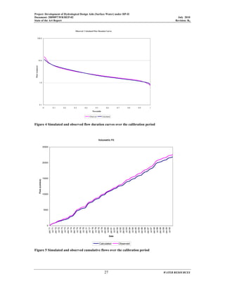 Project: Development of Hydrological Design Aids (Surface Water) under HP-II
Document: 2009097/WR/REP-02 July 2010
State of the Art Report Revision: R0
27 WATER RESOURCES
Observed / Calculated Flow Duration Curves
0.1
1.0
10.0
100.0
0 0.1 0.2 0.3 0.4 0.5 0.6 0.7 0.8 0.9 1
Percentile
Flow(cumecs)
Observed Calculated
Figure 4 Simulated and observed flow duration curves over the calibration period
Volumetric Fit
0
5000
10000
15000
20000
25000
Jan71
Jul71
Jan72
Jul72
Jan73
Jul73
Jan74
Jul74
Jan75
Jul75
Jan76
Jul76
Jan77
Jul77
Jan78
Jul78
Jan79
Jul79
Jan80
Jul80
Jan81
Jul81
Jan82
Jul82
Jan83
Jul83
Jan84
Jul84
Jan85
Jul85
Jan86
Jul86
Jan87
Jul87
Jan88
Jul88
Jan89
Jul89
Jan90
Jul90
Date
Flow(cumecs)
Calculated Observed
Figure 5 Simulated and observed cumulative flows over the calibration period
 
