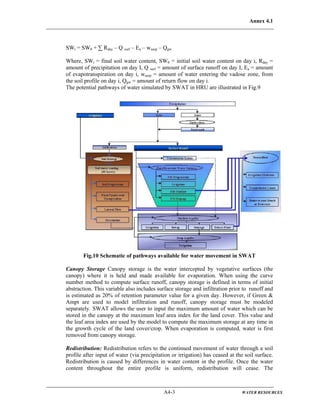Annex 4.1
A4-3 WATER RESOURCES
SWt = SW0 + ∑ Rday – Q surf – Ea – wseep – Qgw
Where, SWt = final soil water content, SW0 = initial soil water content on day i, Rday =
amount of precipitation on day I, Q surf = amount of surface runoff on day I, Ea = amount
of evapotranspiration on day i, wseep = amount of water entering the vadose zone, from
the soil profile on day i, Qgw = amount of return flow on day i.
The potential pathways of water simulated by SWAT in HRU are illustrated in Fig.9
Fig.10 Schematic of pathways available for water movement in SWAT
Canopy Storage Canopy storage is the water intercepted by vegetative surfaces (the
canopy) where it is held and made available for evaporation. When using the curve
number method to compute surface runoff, canopy storage is defined in terms of initial
abstraction. This variable also includes surface storage and infiltration prior to runoff and
is estimated as 20% of retention parameter value for a given day. However, if Green &
Ampt are used to model infiltration and runoff, canopy storage must be modeled
separately. SWAT allows the user to input the maximum amount of water which can be
stored in the canopy at the maximum leaf area index for the land cover. This value and
the leaf area index are used by the model to compute the maximum storage at any time in
the growth cycle of the land cover/crop. When evaporation is computed, water is first
removed from canopy storage.
Redistribution: Redistribution refers to the continued movement of water through a soil
profile after input of water (via precipitation or irrigation) has ceased at the soil surface.
Redistribution is caused by differences in water content in the profile. Once the water
content throughout the entire profile is uniform, redistribution will cease. The
 