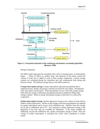 Annex 4.3
A4-15 WATER RESOURCES
Figure 1. Conceptual schematic of the continuous soil moisture accounting algorithm
(Bennett, 1998)
Storage Component
The SMA model represents the watershed with a series of storage layers, as illustrated by
Figure . Rates of inflow to, outflow from, and capacities of the layers control the
volume of water lost or added to each of these storage components. Current storage
contents are calculated during the simulation and vary continuously both during and
between storms. The different storage layers in the SMA model are:
Canopy-interception storage. Canopy interception represents precipitation that is
captured on trees, shrubs, and grasses, and does not reach the soil surface. Precipitation
is the only inflow into this layer. When precipitation occurs, it first fills canopy storage.
Only after this storage is filled does precipitation become available for filling other
storage volumes. Water in canopy interception storage is held until it is removed by
evaporation.
Surface-interception storage. Surface depression storage is the volume of water held in
shallow surface depressions. Inflows to this storage come from precipitation not captured
by canopy interception and in excess of the infiltration rate. Outflows from this storage
can be due to infiltration and to ET. Any contents in surface depression storage at the
beginning of the time step are available for infiltration. If the water available for
infiltration exceeds the infiltration rate, surface interception storage is filled. Once the
volume of surface interception is exceeded, this excess water contributes to surface
runoff.
 