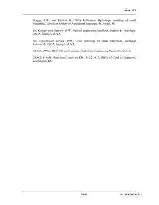 Annex 4.3
A4-18 WATER RESOURCES
Skaggs, R.W., and Khaleel, R. (1982). Infiltration, Hydrologic modeling of small
watersheds. American Society of Agricultural Engineers, St. Joseph, MI.
Soil Conservation Service (1971). National engineering handbook, Section 4: Hydrology.
USDA, Springfield, VA.
Soil Conservation Service (1986). Urban hydrology for small watersheds, Technical
Release 55. USDA, Springfield, VA.
USACE (1992). HEC-IFH user's manual. Hydrologic Engineering Center, Davis, CA.
USACE (1994). Flood-runoff analysis, EM 1110-2-1417. Office of Chief of Engineers,
Washington, DC.
 